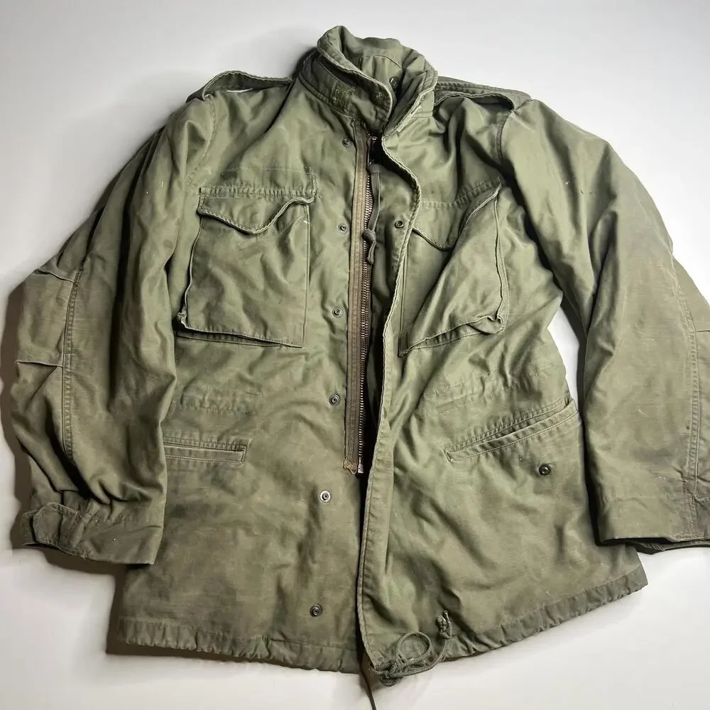 80s m65 Vintage Military Jacket Mens Medium Green Army Field Zip Lined Pockets